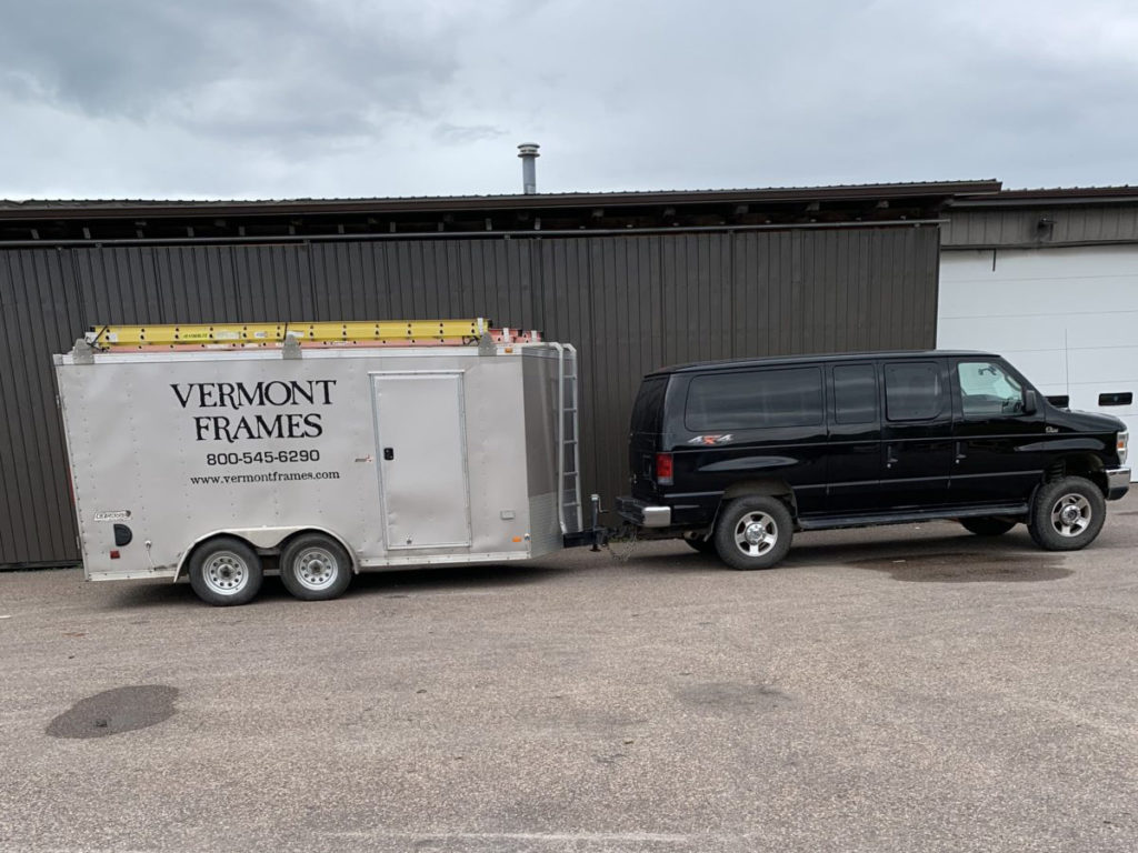 Vermont Frames company vehicle and tool trailer in ta parking lot