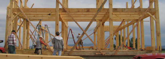 workers building a timber frame