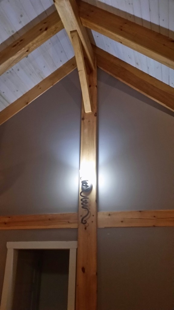 timber frame beams on a ceiling