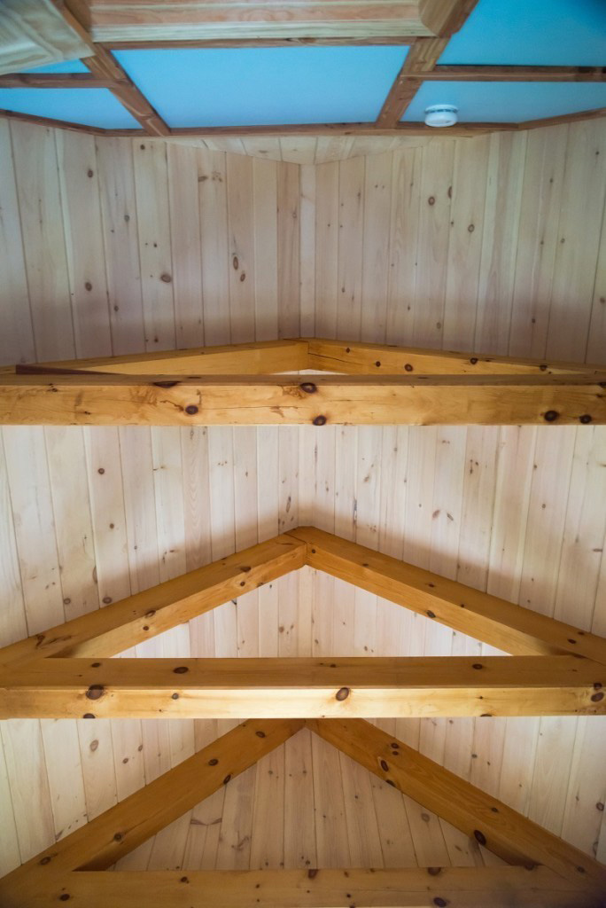 Finished ceiling in a timber frame camp
