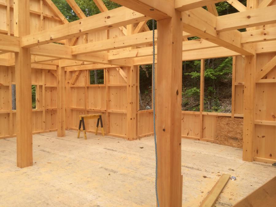 Interior of a timber frame camp structure in progress