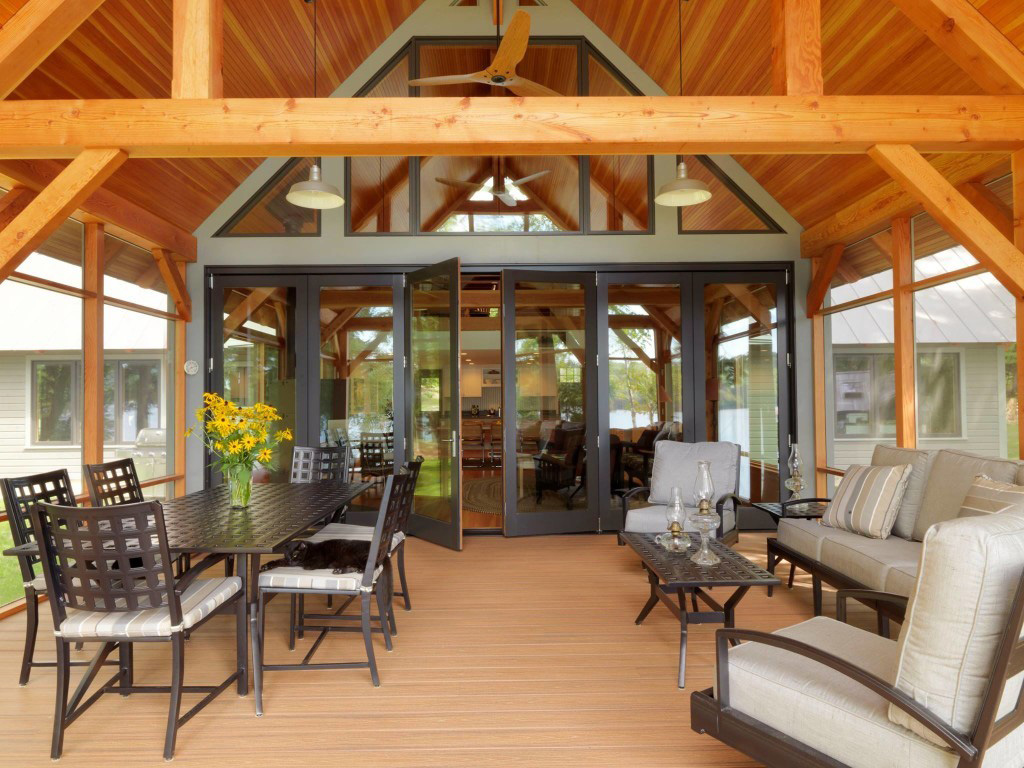 Outdoor patio in a timber frame cape