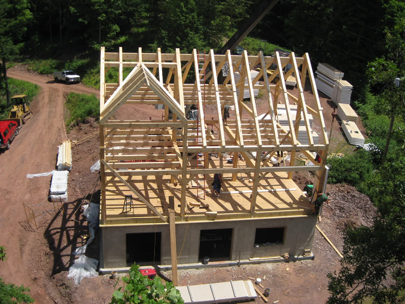 Overhead shot of a timber frame dutch saltbox structure