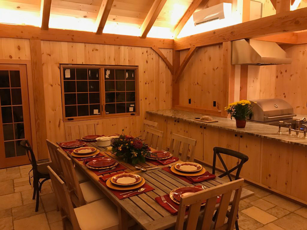 Finished interior dining room of a timber frame pavilion