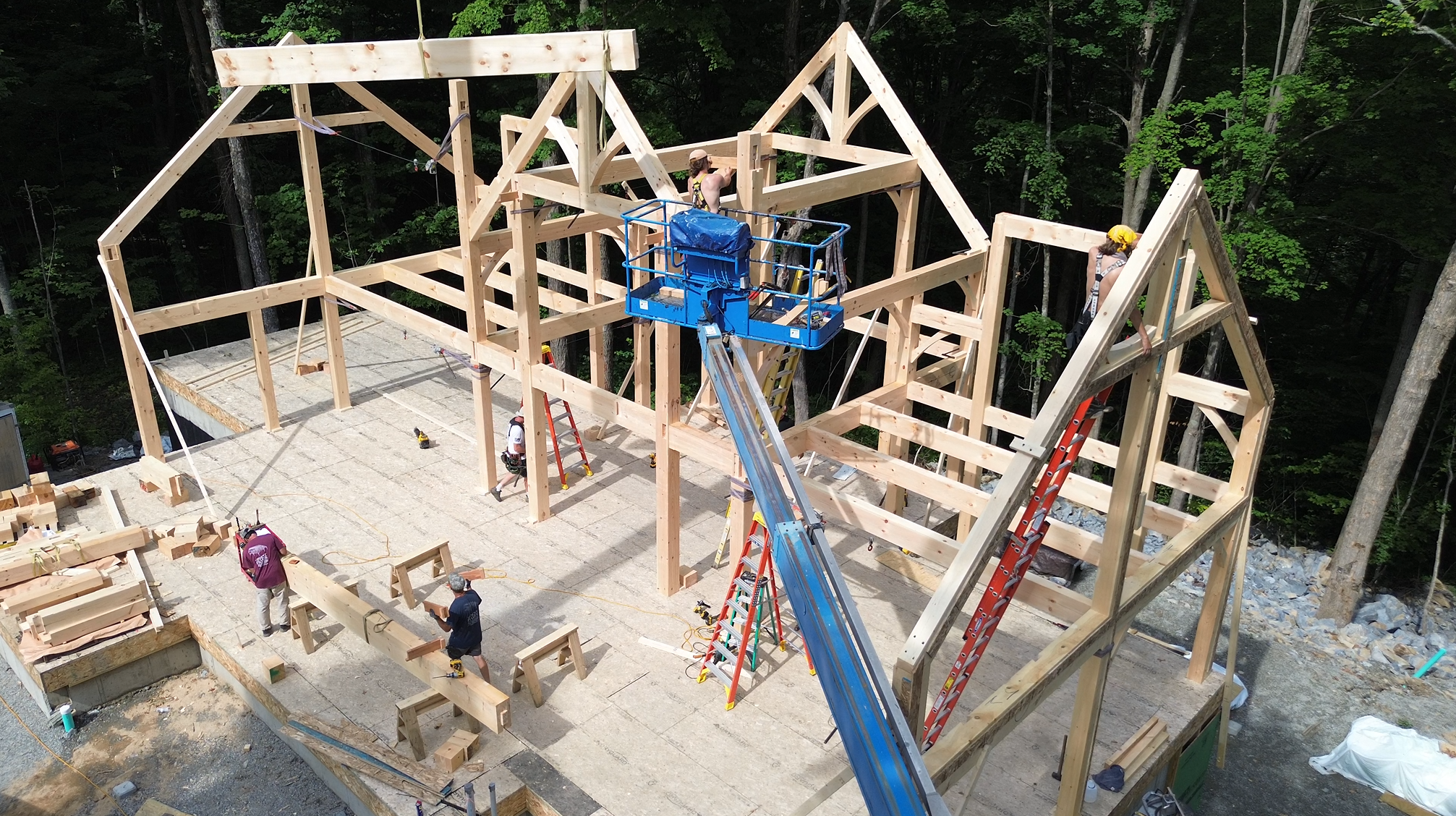 Timber frame during assembly