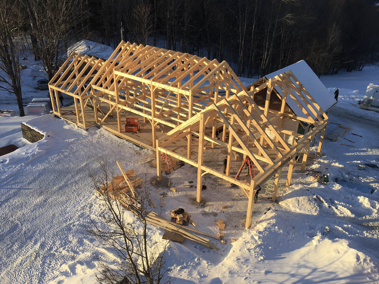 Timber Frame going up in winter.